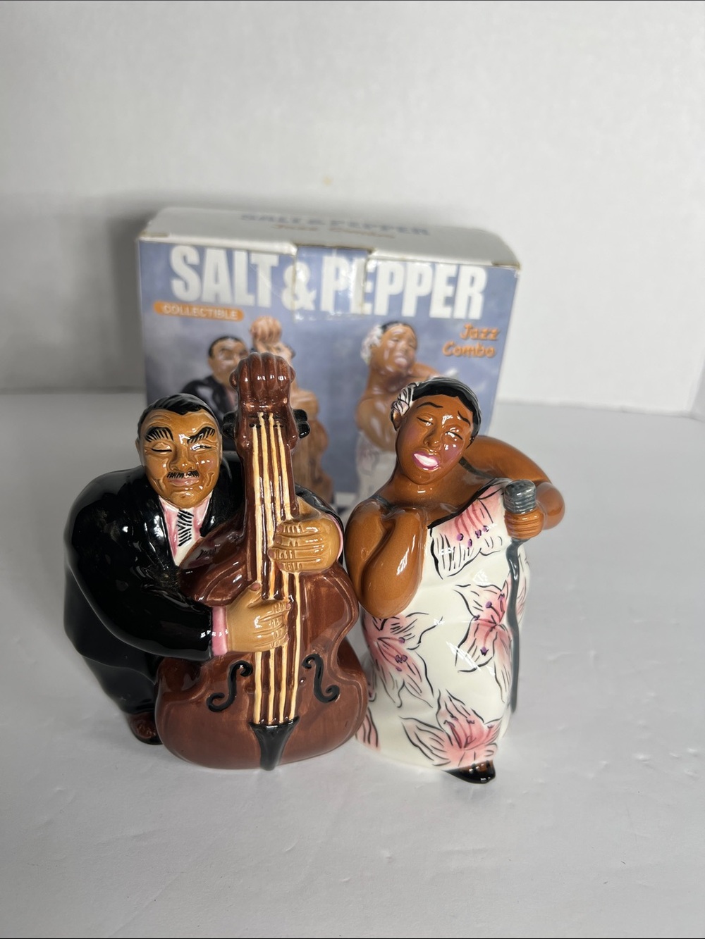 Vintage Clay Art Jazz Combo Bass Player Singer Salt & Pepper Shaker Set